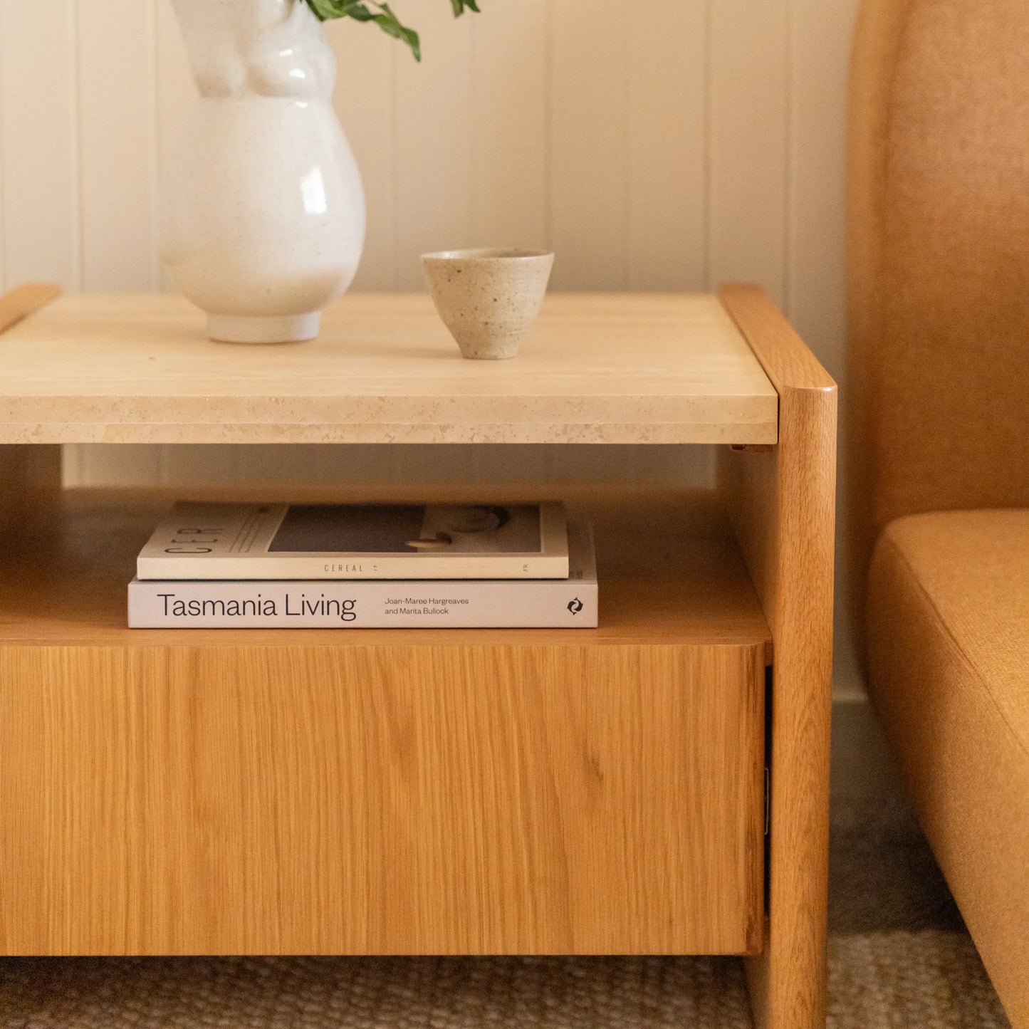 Stella Bedside Table - Oak/Travertine