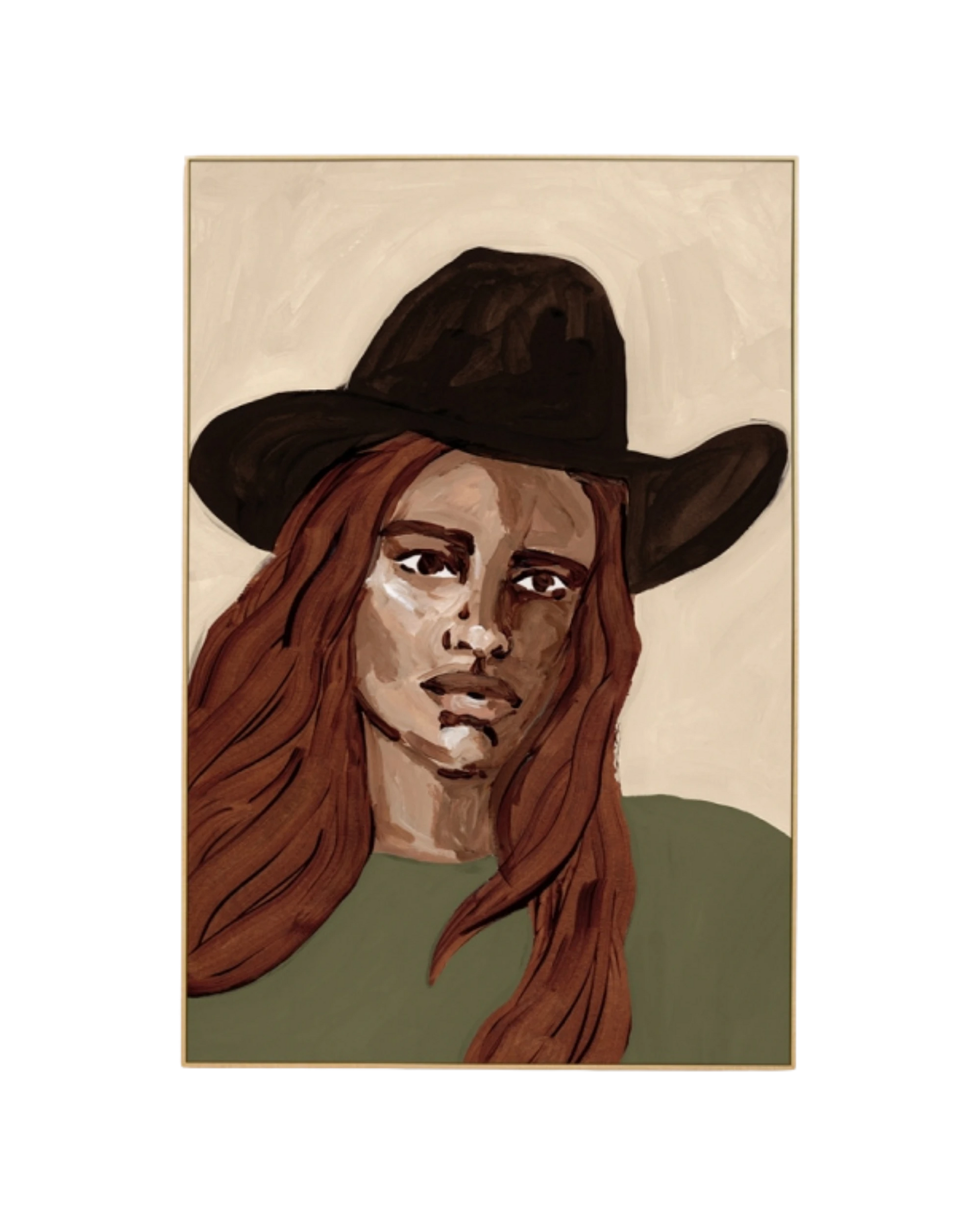 Cowgirl Portrait Green 1 Canvas Print 60cm x 90cm - Light Timber Frame