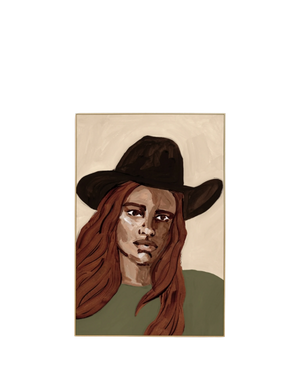 Cowgirl Portrait Green 1 Canvas Print 60cm x 90cm - Light Timber Frame