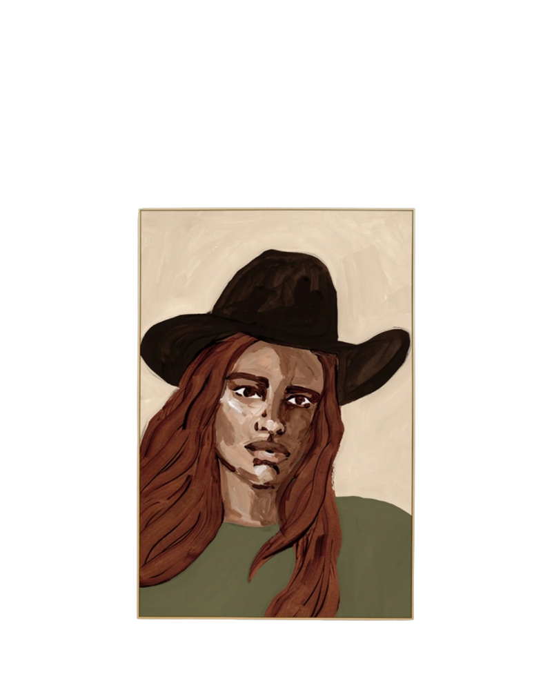 Cowgirl Portrait Green 1 Canvas Print 60cm x 90cm - Light Timber Frame