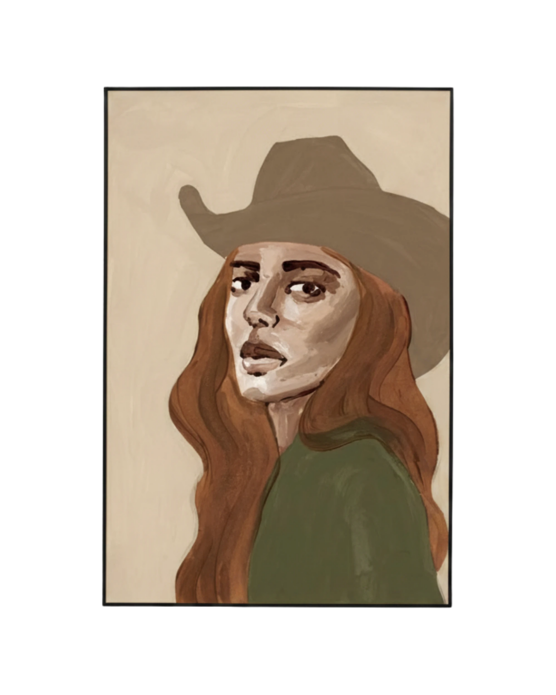 Cowgirl Portrait Green 2 Canvas Print 60cm x 90cm - Black Frame