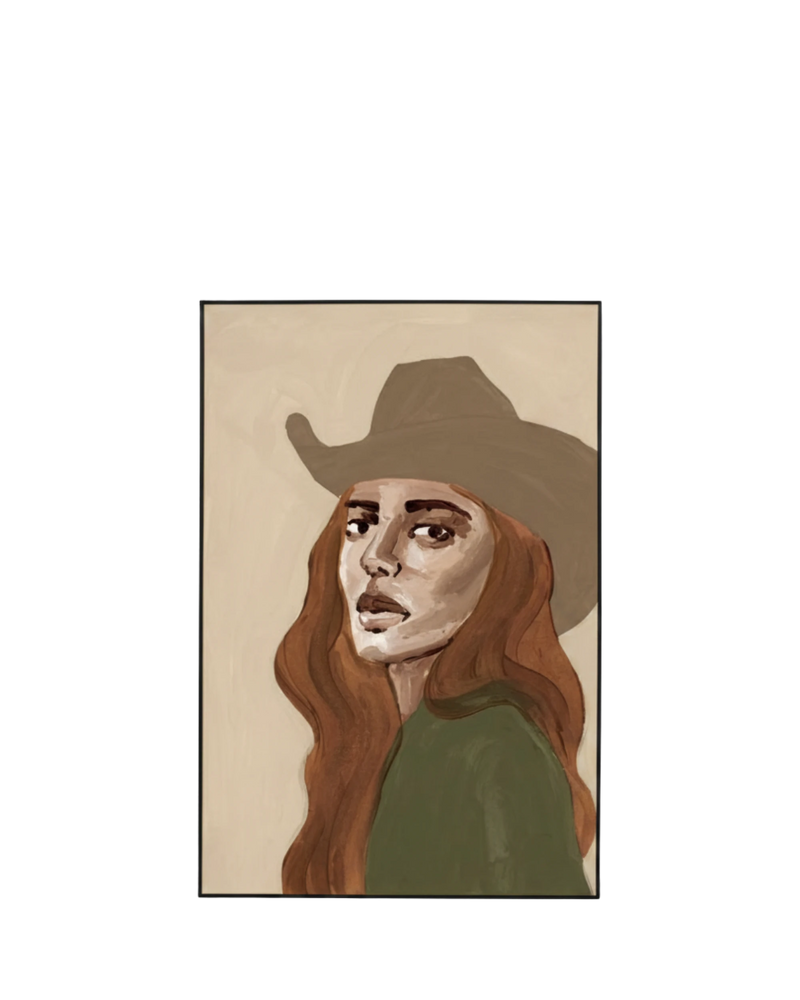 Cowgirl Portrait Green 2 Canvas Print 60cm x 90cm - Black Frame