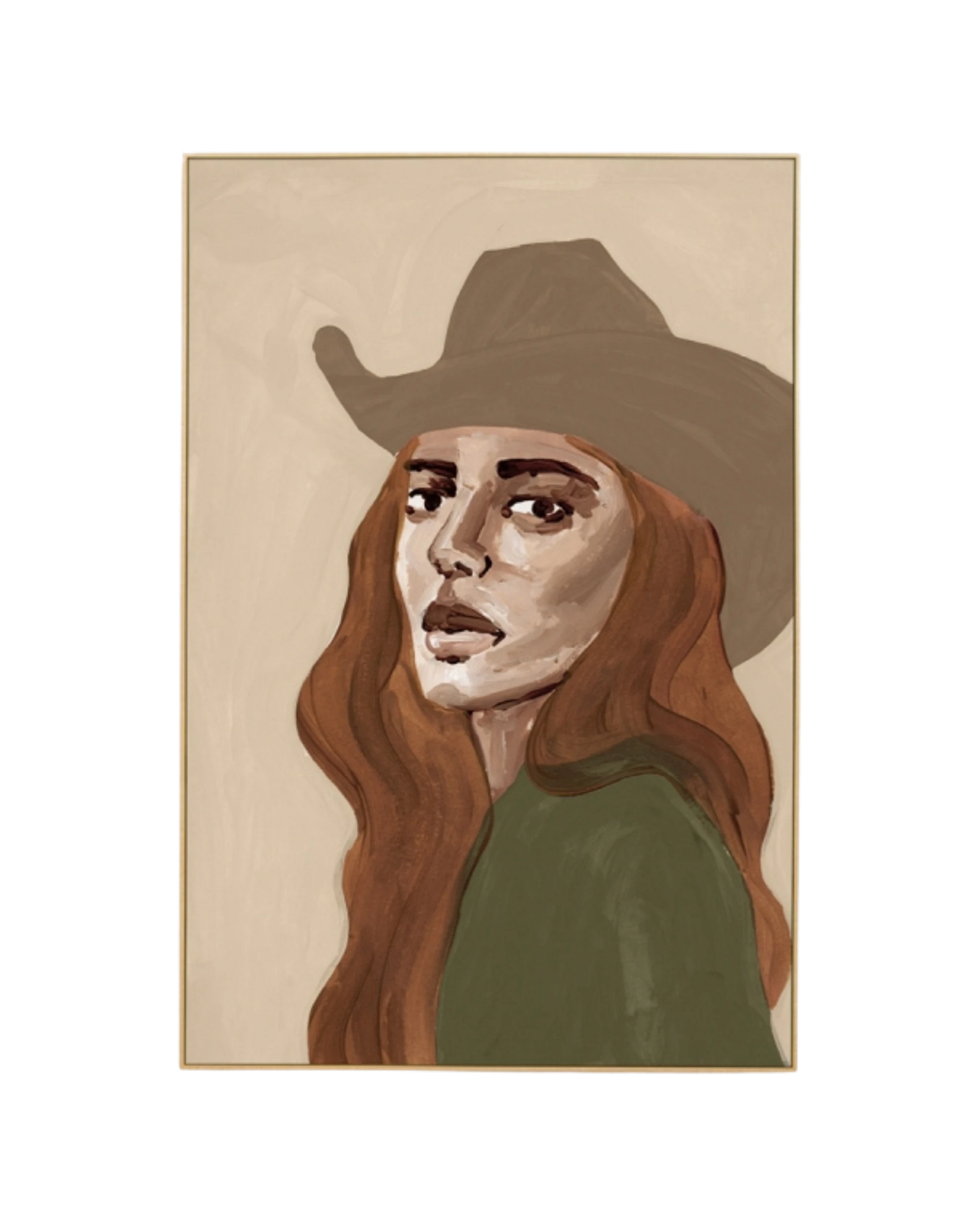 Cowgirl Portrait Green 2 Canvas Print 60cm x 90cm - Light Timber Frame