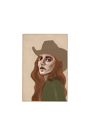 Cowgirl Portrait Green 2 Canvas Print 60cm x 90cm - Light Timber Frame