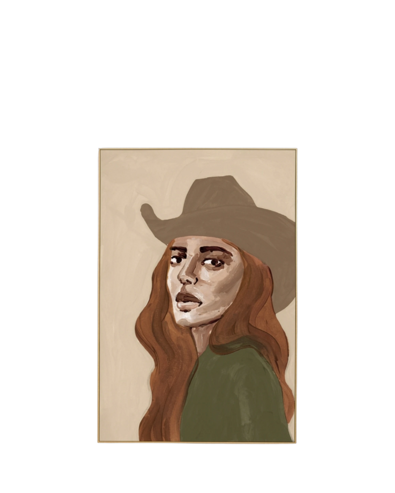 Cowgirl Portrait Green 2 Canvas Print 60cm x 90cm - Light Timber Frame