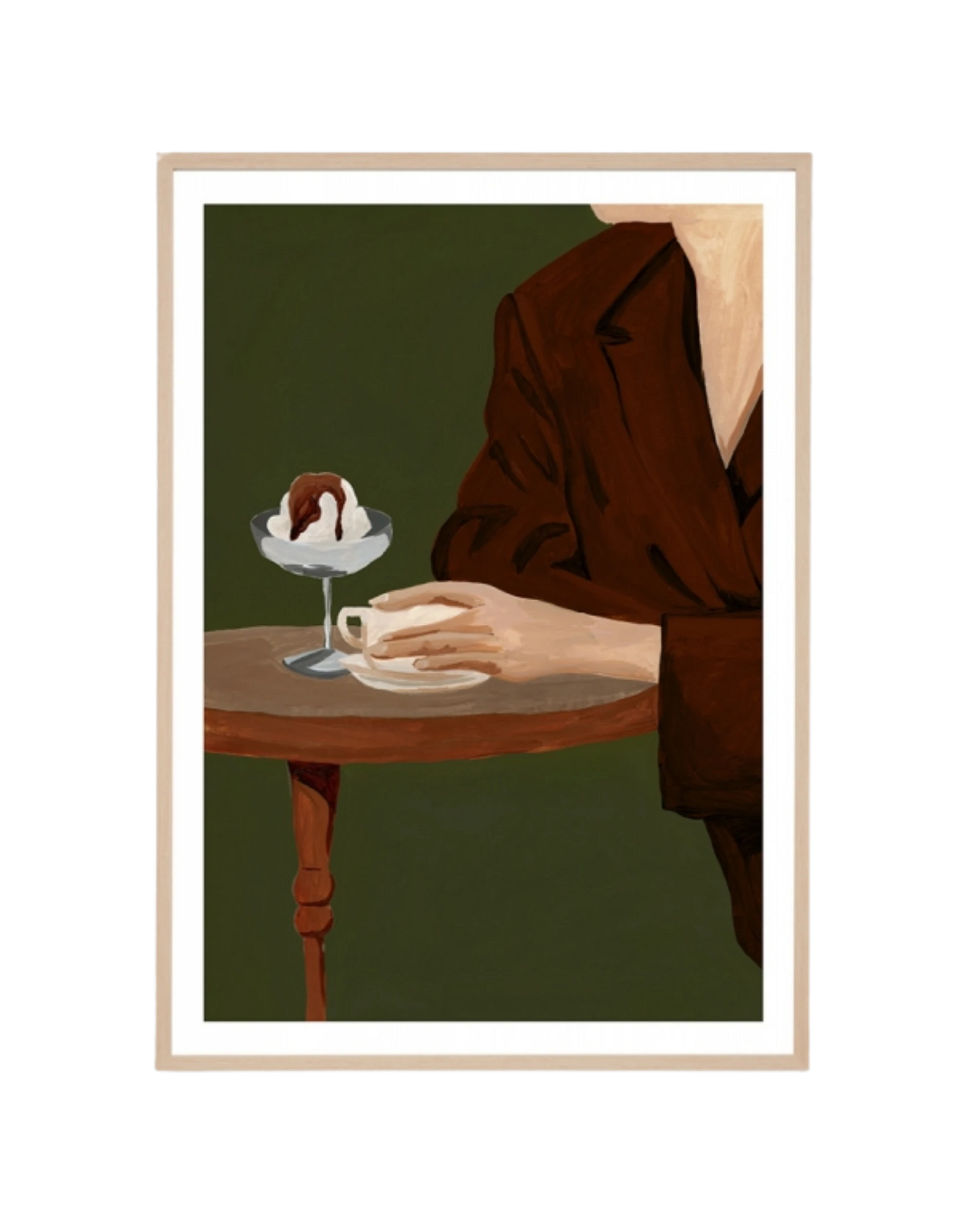 Evening Demitasse Olive Print 62cm x 87cm - Light Timber Frame