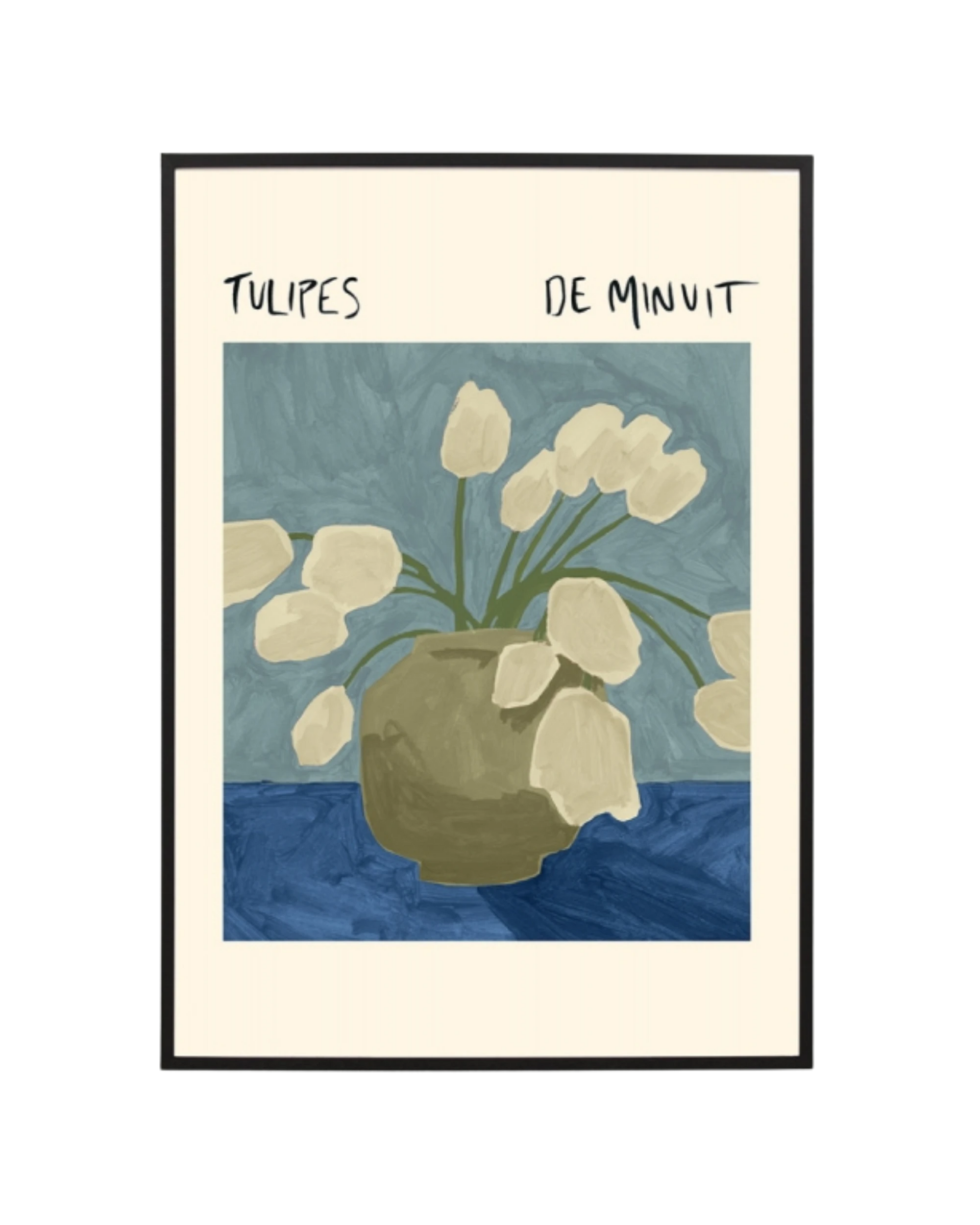 Midnight Tulips Poser Blue Print 62cm x 87cm - Black Frame