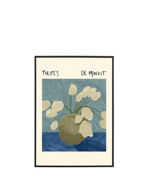 Midnight Tulips Poser Blue Print 62cm x 87cm - Black Frame