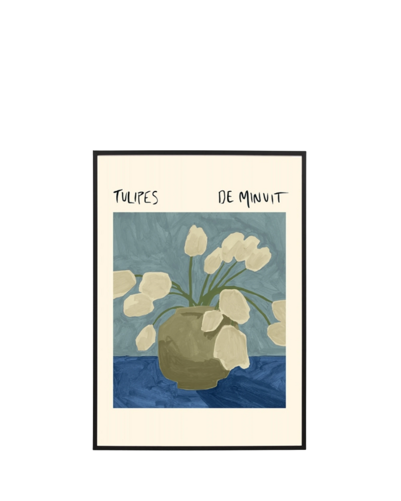 Midnight Tulips Poser Blue Print 62cm x 87cm - Black Frame