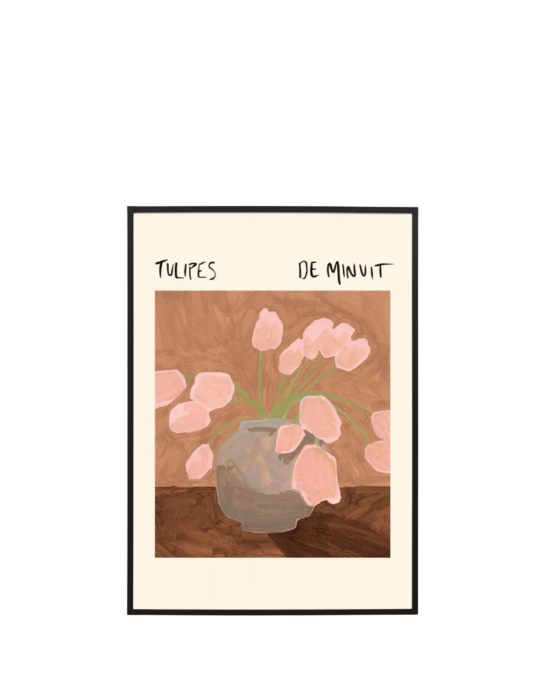 Midnight Tulips Poser Blush Print 87cm x 122cm - Black Frame