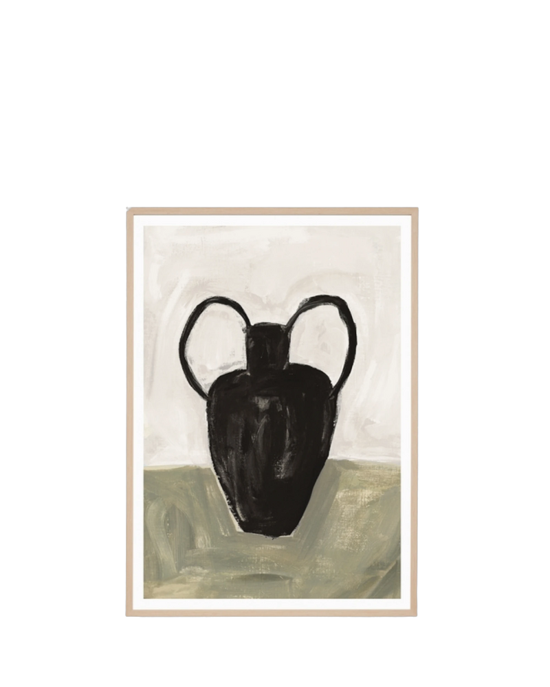 Painterly Vase Olive 1 Print 62cm x 87cm - Light Timber Frame