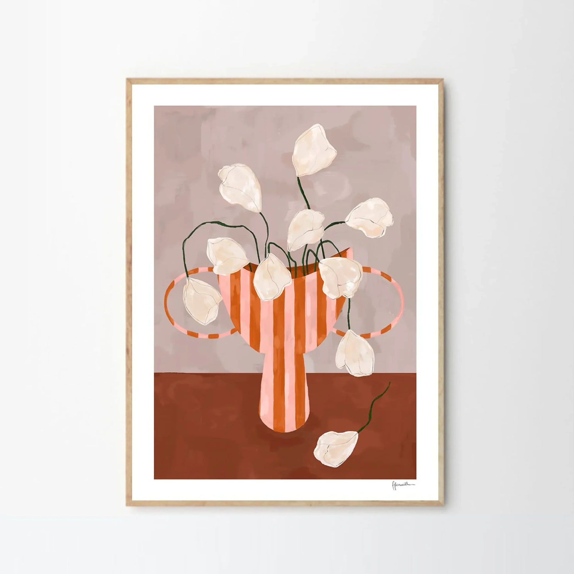 White Flowers in Striped Vase Print 30cm x 40cm