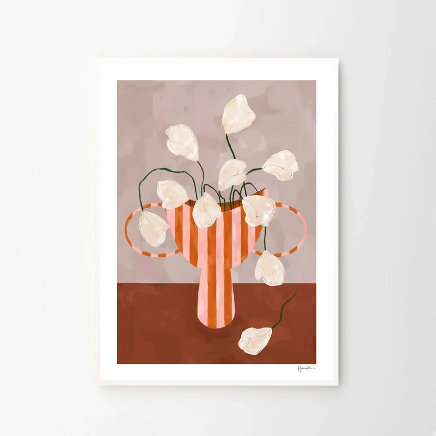 White Flowers in Striped Vase Print 40cm x 50cm