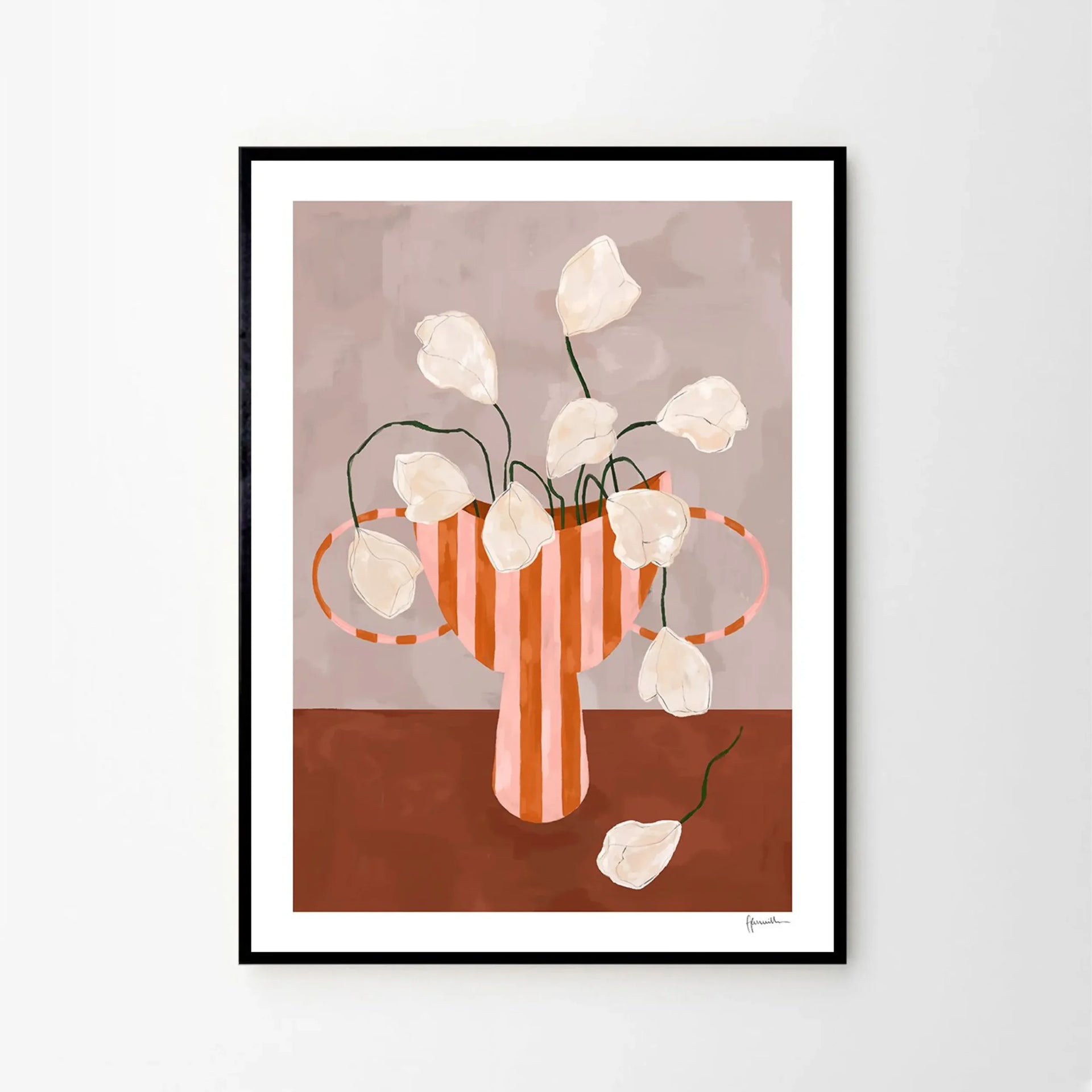 White Flowers in Striped Vase Print 21cm x 29.7cm (A4)