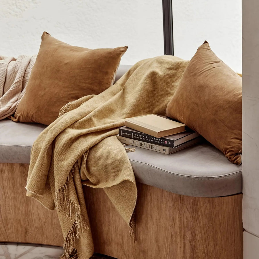 Linen/Velvet Square Cushion - Nutmeg