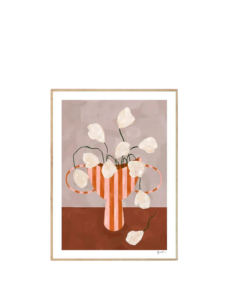 White Flowers in Striped Vase Print 30cm x 40cm
